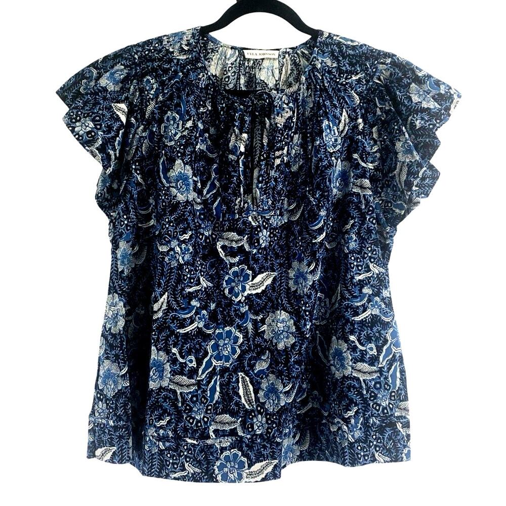 Ulla Johnson Blue Floral Blouse Tie Neck Women’s Size 14 Boho
